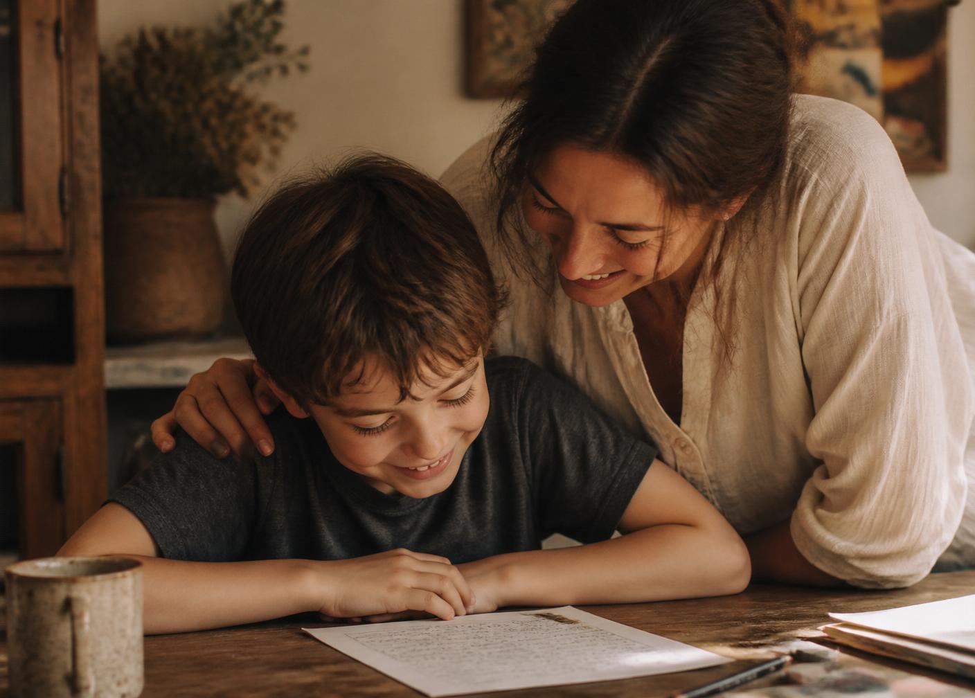 A mother smiling over her son's shoulder at the work he just finished