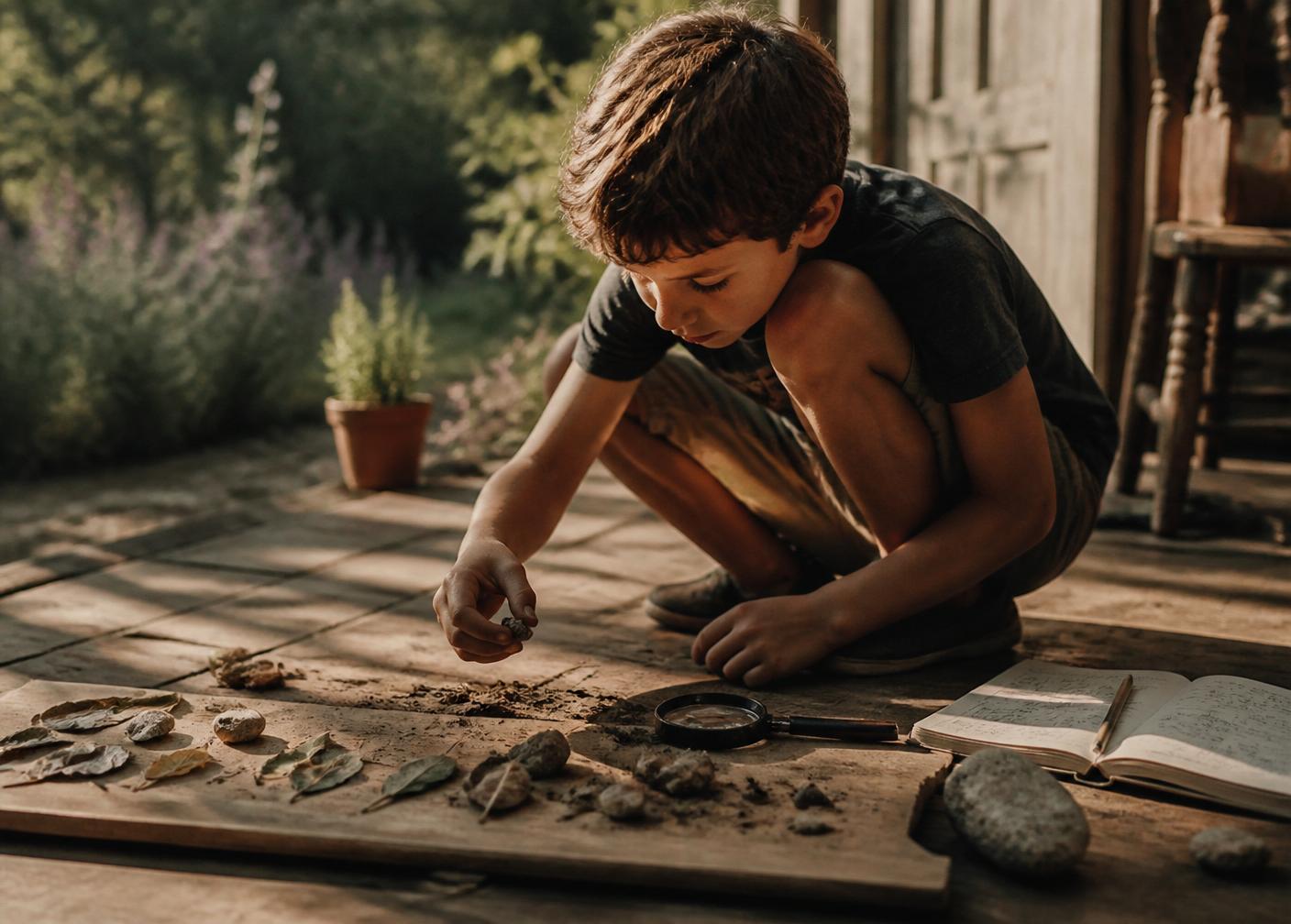 A boy crouched on a porch examining leaves and stones with a magnifying glass and notebook