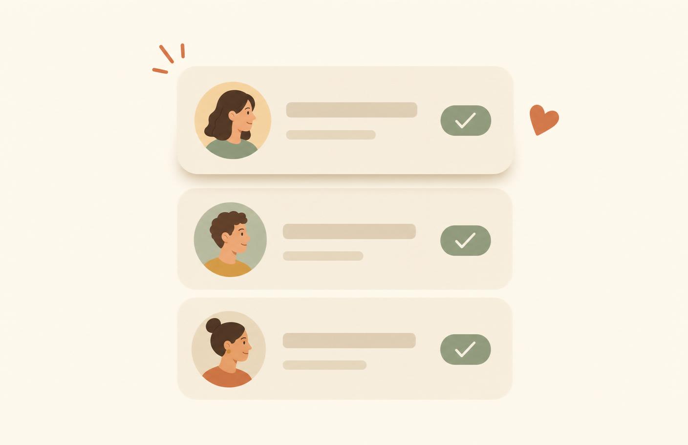 Illustration of an approval queue with stacked cards and green approve checks