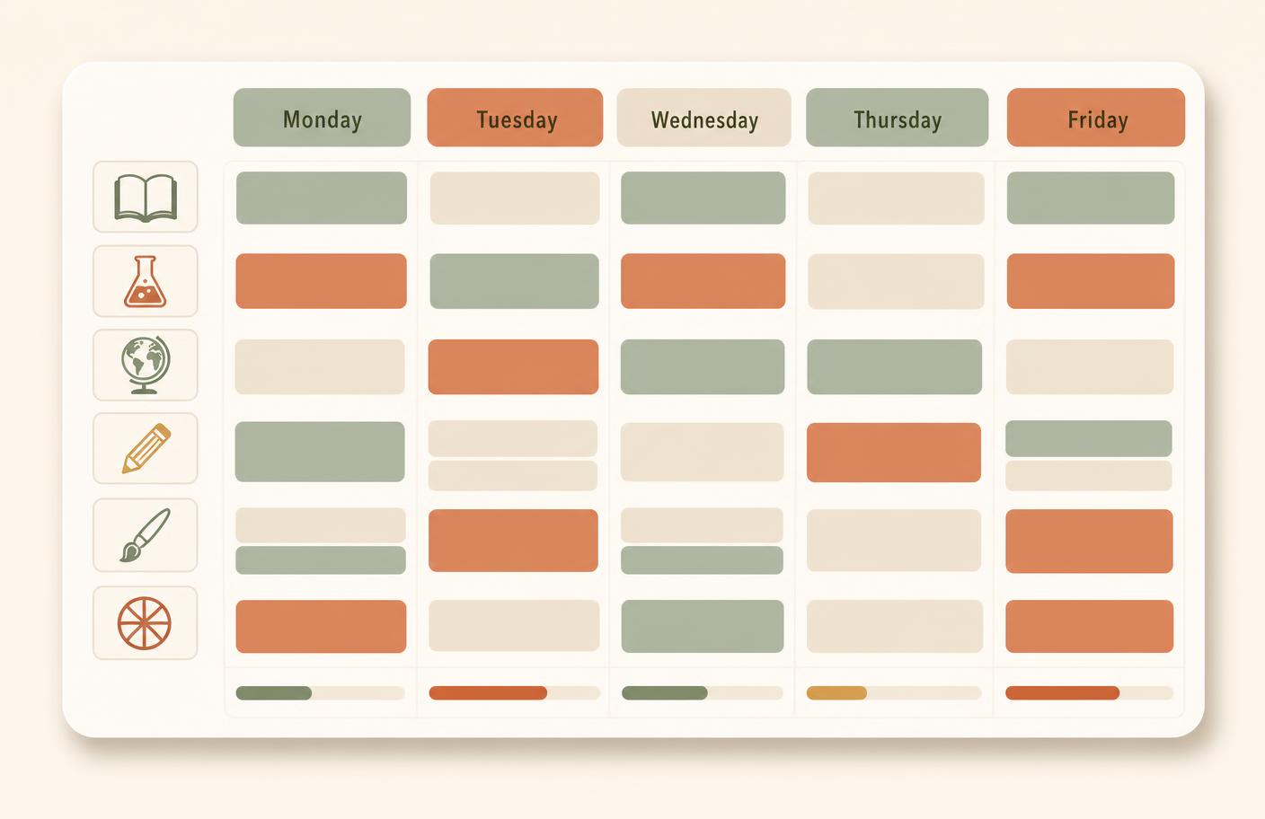Illustration of a weekly planner grid with subject rows and coloured assignment cards
