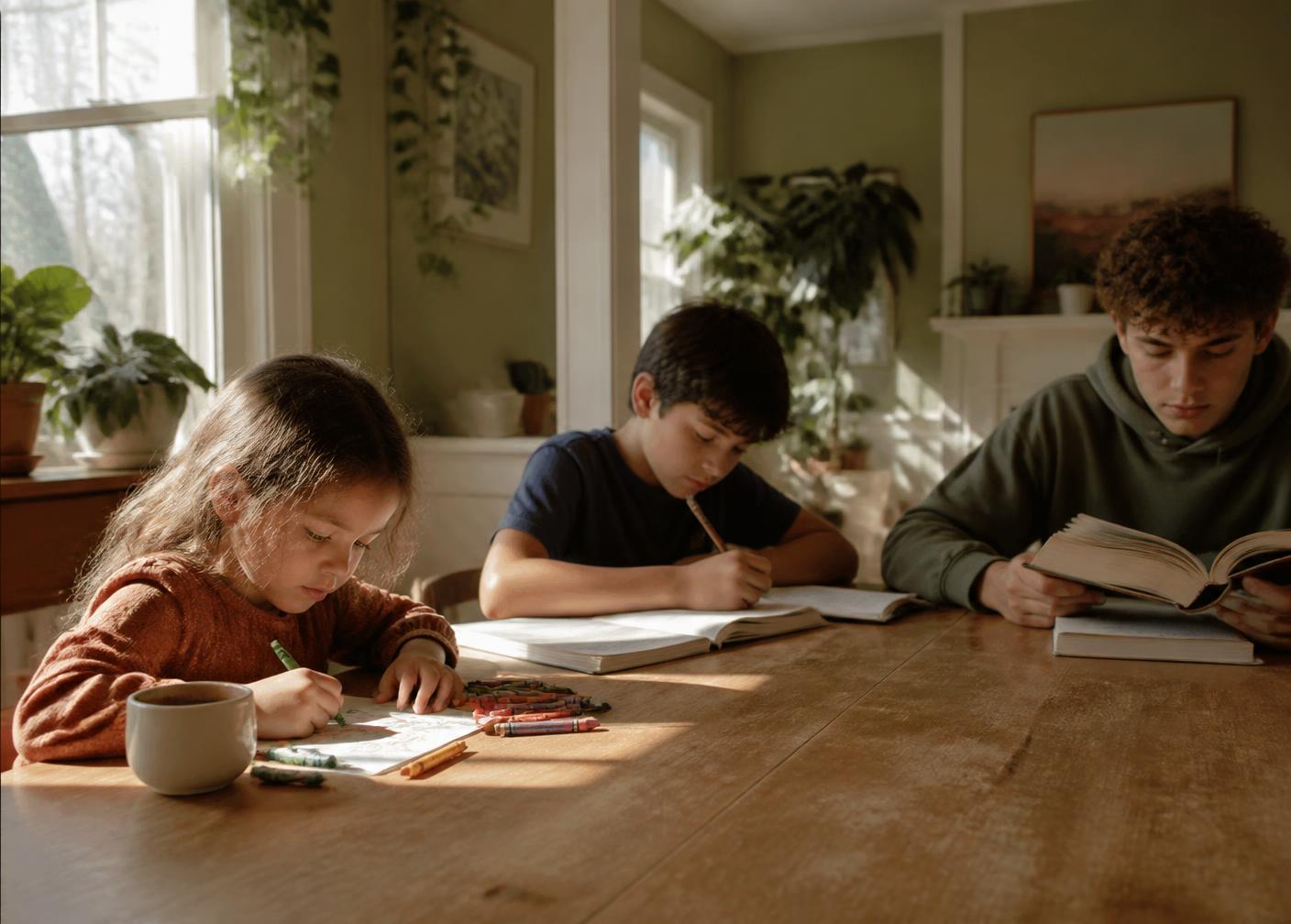 Three siblings of different ages working together at one sunlit table