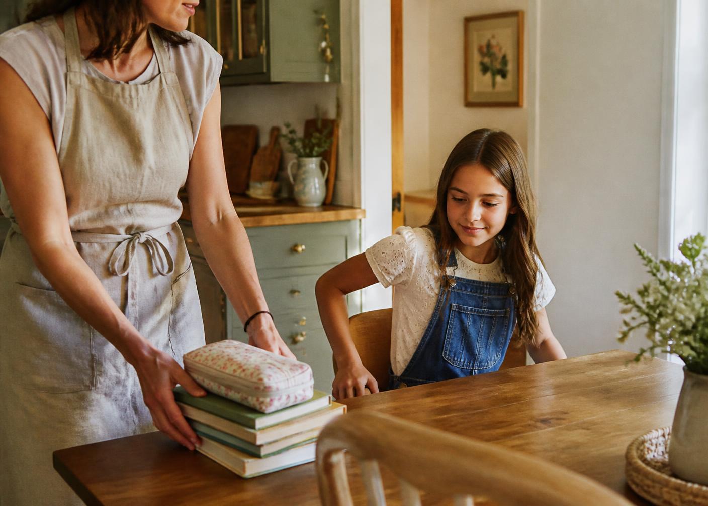 A mother handing books to her daughter at the table before stepping away