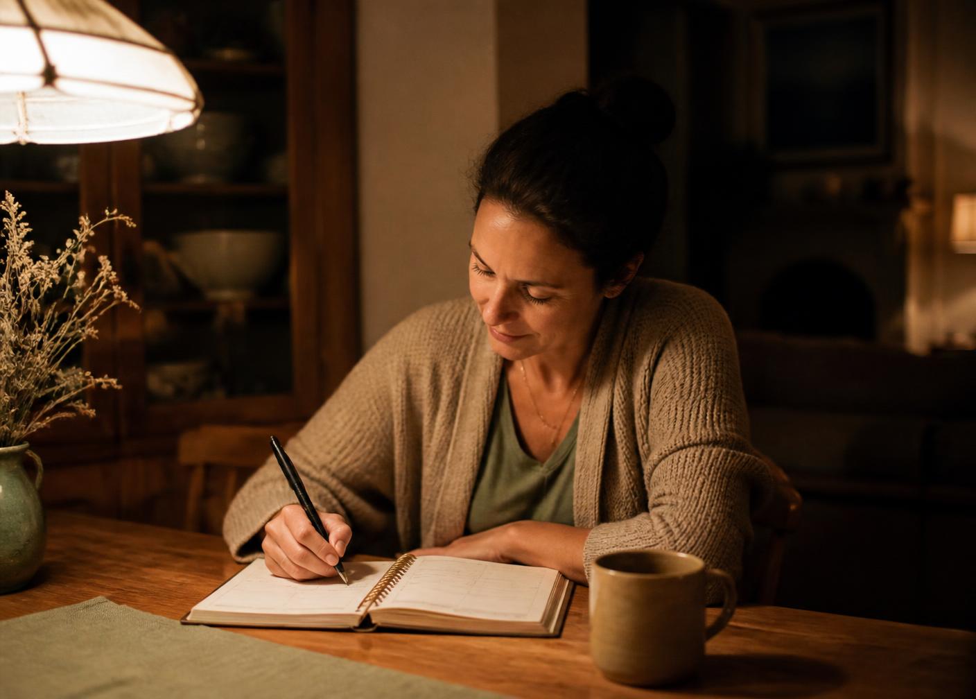 A mother planning the week at her kitchen table in warm lamplight