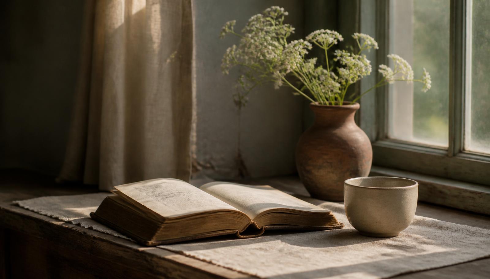 An open book, wildflowers in a clay vase, and a ceramic cup on a sunlit windowsill
