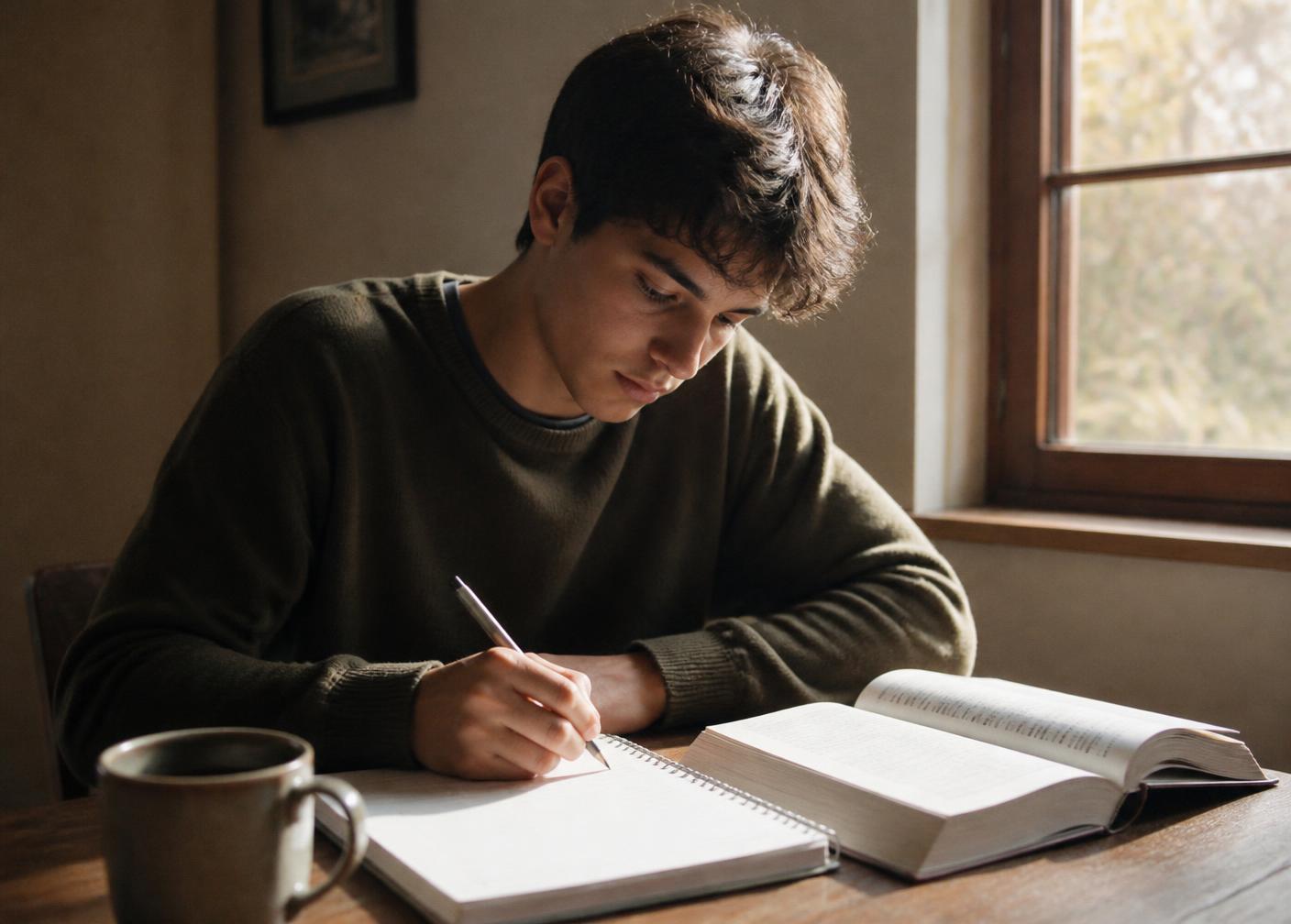 A teenager writing in a notebook beside an open textbook by a window